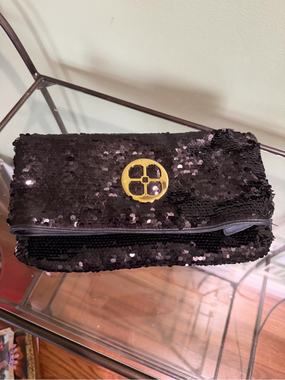IMAN Black Sequin Fold-Over Clutch with Gold Accent